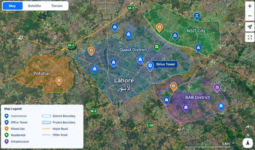 CBD Punjab locations map — Quaid District, NSIT City, BAB District and Potohar