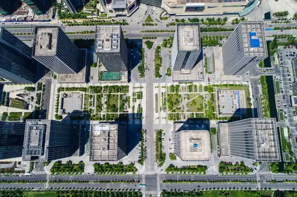 Aerial view of a planned commercial district â€” illustrative image