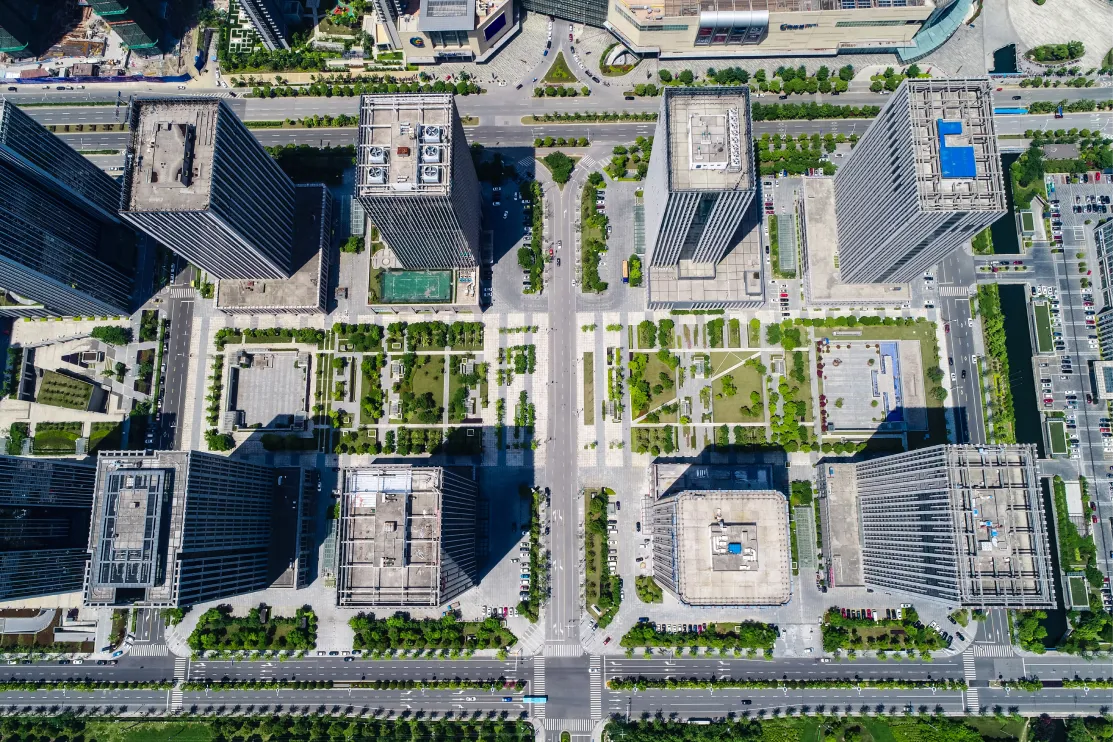 Aerial view of a planned commercial district — illustrative image