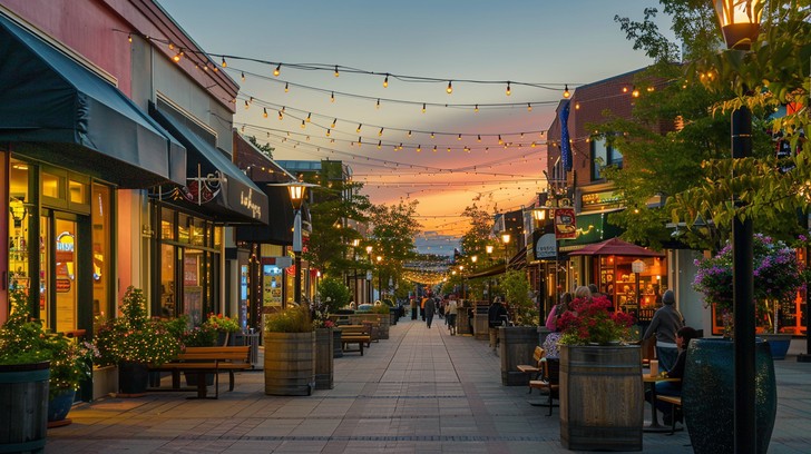 Pedestrian shopping street at dusk — illustrative image